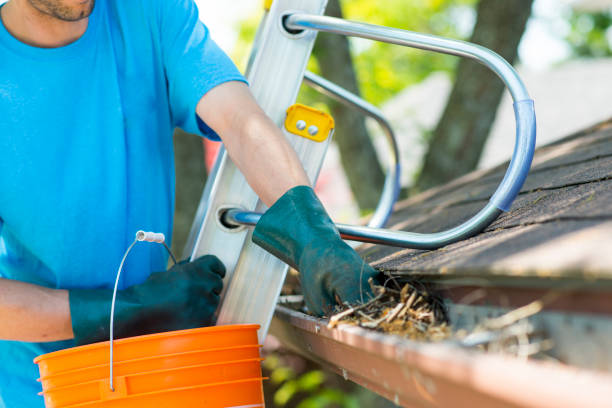 Gutter cleaning in Schaumburg IL with debris removal from roof edge